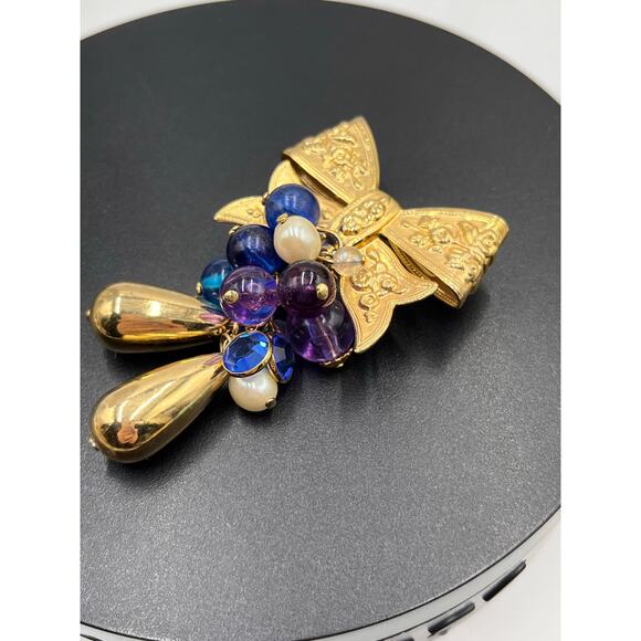 Vintage Gold Tone Bow Teardrops Blues and Purples Dangle Brooch - Picture 4 of 8